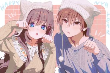 1boy 1girl :o a-chan_(little_busters!) alternate_costume animal_ear_headwear animal_ears beanie blue_eyes blush border brown_eyes brown_hair cat_ears collar commentary_request eyelashes eyes_visible_through_hair fake_animal_ears floral_print frilled_collar frills grey_sweater hair_between_eyes hand_up hands_up happy_new_year hat little_busters! long_hair long_sleeves looking_at_viewer miiizuno_lbs natsume_kyousuke new_year nose open_mouth outside_border paw_pose pink_background pom_pom_(clothes) print_collar short_hair sidelocks simple_background sleeves_past_wrists sweater tsurime upper_body upturned_eyes very_long_hair white_border white_hat winter_clothes yellow_sweater 