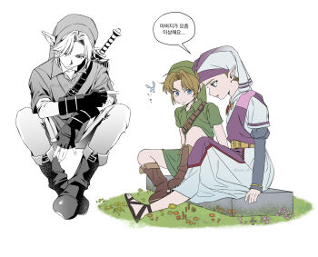  1boy 1girl absurdres black_sandals blonde_hair blue_eyes boots brown_boots commentary_request dress fairy fingerless_gloves gloves green_hat green_tunic hat highres korean_commentary link long_dress mob_cap multiple_views navi nintendo pants parted_bangs phrygian_cap pointy_ears princess_zelda roido_0 sandals short_hair sitting sword sword_on_back the_legend_of_zelda the_legend_of_zelda:_ocarina_of_time tunic twitter_username weapon weapon_on_back white_background white_dress white_pants young_link young_zelda 