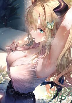1girl arm_up armpits belt blonde_hair blouse blush breasts chest_tattoo cleavage curly_hair demon_girl demon_horns demon_wings green_eyes hair_between_eyes hair_ornament highres hololive horns indoors jewelry large_breasts long_hair looking_at_viewer miyu_(miyulein) open_mouth shirt skirt solo tattoo virtual_youtuber wet wings yuzuki_choco rating:General score:32 user:danbooru
