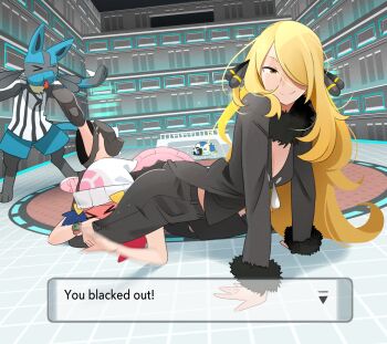  >_< 2girls arched_back beanie blonde_hair blue_hair blush brown_eyes camera choke_hold closed_eyes closed_mouth cynthia_(pokemon) dawn_(pokemon) english_text full-face_blush fur-trimmed_sleeves fur_collar fur_trim gen_4_pokemon hair_ornament hair_over_one_eye hat head_between_thighs high_heels highres holding holding_camera indoors khyle. long_hair long_sleeves lucario medium_hair motion_blur mouth_hold multiple_girls nintendo pants photo-referenced pink_skirt piplup pokemon pokemon_(creature) pokemon_dppt scissorhold shirt skirt smirk strangling submission_hold subtitled tile_floor tiles very_long_hair whistle wrestling 