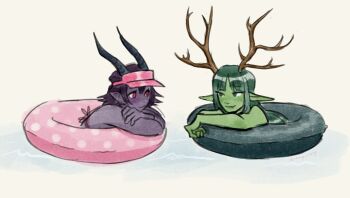  2girls antlers artist_name beach bikini black_horns blush brown_horns closed_mouth colored_skin commentary crossed_arms deer_antlers demi_(lunacid) demon_girl demon_horns dot_nose english_commentary fang fang_out green_eyes green_hair green_skin highres horns in_water long_hair looking_at_another lunacid multiple_girls outdoors patchouli_(lunacid) pointy_ears purple_bikini purple_hair purple_skin red_eyes short_hair sidelocks smile strangea1chemy swim_ring swimming swimsuit upper_body white_background 