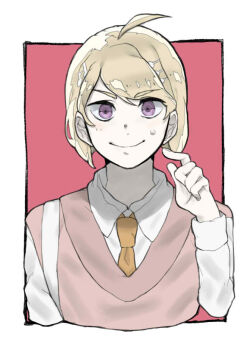  1boy ahoge akamatsu_kaede backpack bag blonde_hair blunt_ends bob_cut border brown_necktie closed_mouth collared_shirt commentary_request cropped_torso danganronpa_(series) danganronpa_v3:_killing_harmony dot_nose fingernails fortissimo genderswap genderswap_(ftm) hair_ornament hairclip long_sleeves male_focus musical_note musical_note_hair_ornament necktie nervous nervous_smile outside_border pink_background pink_vest purple_eyes scratching_cheek shirt short_hair sleeve_cuffs smile solo straight-on sweatdrop sweater_vest tappo_(gemori) v-neck vest white_bag white_border white_shirt 