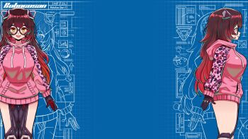  1girl :d absurdres blueprint_background blush breasts brown_hair camouflage_sleeves chrono_gear:_warden_of_time commentary english_commentary galaxytrail glasses gloves highres hololive hood hoodie joecanvas large_breasts long_hair multicolored_gloves multiple_views no_pants official_art open_mouth orange_eyes pink_hoodie profile roboco-san roboco-san_(hoodie) robot_ears robot_girl smile solo thighs very_long_hair virtual_youtuber 