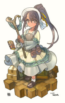  1girl artist_name belt_pouch black_hair black_socks box brown_eyes brown_shirt cardboard_box closed_mouth copyright_name dated faux_figurine full_body hair_ribbon high_ponytail holding holding_slingshot holding_staff lappet layered_skirt long_hair looking_at_viewer official_art orion_(orionproject) ponytail pouch rance_(series) rance_ix ribbon russian_kalette shirt simple_background skirt slingshot_(weapon) socks solo staff standing very_long_hair white_background white_skirt white_socks yellow_ribbon 