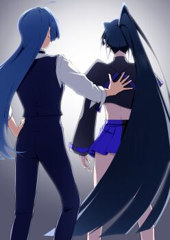  2girls ado_(utaite) black_hair black_shirt blue_hair blue_pants blue_skirt blue_vest commentary_request crop_top earclip from_behind hand_on_another's_back hand_on_own_hip highres long_hair merry_(ado) multiple_girls naima_(ado) nori_(norinori_yrl) pants pleated_skirt ponytail readymade_(ado) shirt skirt textless_version usseewa very_long_hair vest white_shirt 