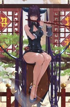  1girl bare_shoulders black_dress breasts china_dress chinese_clothes cleavage closed_eyes detached_sleeves doufang dress fate/grand_order fate_(series) flute full_body good_fortune_symbol hair_flowing_over hair_ornament high_heels highres instrument lantern large_breasts long_hair music neko_no_kedama playing_instrument purple_hair side_slit sidelocks sitting solo tree twintails very_long_hair yang_guifei_(fate) yang_guifei_(second_ascension)_(fate) 
