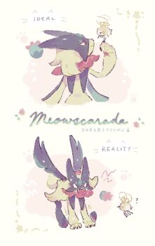  ? arm_up blank_eyes bug closed_eyes commentary_request cutiefly english_text gen_7_pokemon highres looking_at_another meowscarada multiple_views nintendo no_humans pokemon pokemon_(creature) pokemon_focus zaber_(littlesuzume) 