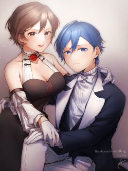  1boy 1girl absurdres after0217 armpit_crease bare_shoulders black_dress black_vest blue_eyes blue_hair breasts brown_eyes brown_hair cleavage closed_mouth collarbone commentary_request detached_sleeves dress ear_piercing gloves hair_between_eyes hand_on_another's_back highres kaito_(vocaloid) large_breasts long_sleeves looking_at_viewer meiko_(vocaloid) miku_symphony_(vocaloid) official_alternate_costume official_alternate_hairstyle pants parted_lips piercing red_lips smile vest white_gloves white_pants white_sleeves 