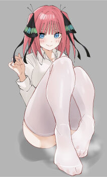  1girl blue_eyes blush butterfly_hair_ornament closed_mouth collared_shirt commentary_request convenient_leg feet full_body go-toubun_no_hanayome grey_background hair_ornament hand_up highres ldeeeeeeeeeejo long_sleeves looking_at_viewer medium_hair nakano_nino red_hair shirt simple_background sitting solo steaming_body thighhighs two_side_up white_shirt white_thighhighs 