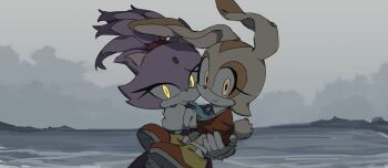  2girls animal_ears blaze_the_cat brown_fur carrying carrying_person cat_ears cat_girl cat_tail cloud cloudy_sky cream_the_rabbit dress eyelashes forehead_jewel fur-trimmed_gloves fur_trim furry furry_female gloves glowing glowing_eyes grey_sky highres jacket looking_at_viewer multiple_girls necktie ocean orange_dress outdoors ponytail princess_carry purple_fur rabbit_ears rabbit_girl rabbit_tail shirt sky smile sonic_(series) tail topknot unneul water white_gloves yellow_eyes 