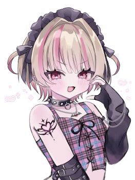  1girl :3 :d alternate_headwear arm_belt arm_strap arm_warmers bare_shoulders bat_necklace belt black_arm_warmers black_belt black_collar black_headdress black_ribbon blunt_bangs blush chain chain_bracelet chain_necklace collar colored_inner_hair commentary crop_top cross-laced_clothes cross-laced_top earclip fang grey_hair hair_intakes half-heart_hands hand_up heart heart_tattoo highres jewelry looking_at_viewer maid_headdress makaino_ririmu makaino_ririmu_(6th_costume) midriff multicolored_hair multiple_belts necklace nijisanji no_jacket o-ring_collar open_mouth pendant pink_hair pink_streaks plaid_clothes pointy_ears red_eyes ribbon short_hair shoulder_tattoo simple_background skin_fang sleeveless smile solo spiked_collar spikes standing streaked_hair tattoo two-tone_hair two_side_up untranslatable_commentary upper_body v-shaped_eyebrows virtual_youtuber white_background wolf_cut yau_106 