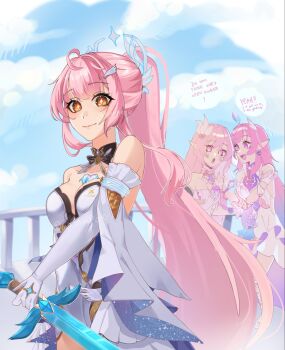  3girls aemeath_(wuthering_waves) ahoge alt_text bare_shoulders blue_sky breasts closed_mouth commentary crossover cyrene_(demiurge)_(honkai:_star_rail) cyrene_(honkai:_star_rail) day dress elbow_gloves elysia_(herrscher_of_human:_ego)_(honkai_impact) elysia_(honkai_impact) english_commentary english_text gloves hair_ornament highres holding holding_sword holding_weapon honkai:_star_rail honkai_(series) honkai_impact_3rd long_hair medium_breasts multiple_crossover multiple_girls orange_eyes outdoors pink_hair pointing pointing_at_viewer ponytail purple_eyes sky smile star-shaped_pupils star_(symbol) sword symbol-shaped_pupils twitter_username weapon white_dress white_gloves wonneqo wuthering_waves 