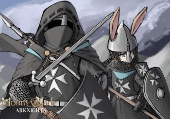  2girls allcy49 amiya_(arknights) animal_ears arknights armor artist_name brown_hair chainmail commentary_request crossover doctor_(arknights) ears_through_headwear helmet highres holding holding_polearm holding_shield holding_sword holding_weapon hood hood_up knights_templar mask medieval mount_&amp;_blade multiple_girls polearm rabbit_ears rabbit_girl shield spear sword weapon 