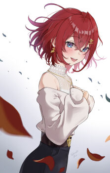  1girl absurdres ange_katrina ange_katrina_(5th_costume) artist_name bare_shoulders belt black_pants blue_eyes blush brown_belt clothing_cutout commentary crossed_bangs earrings english_commentary falling_leaves floating_hair from_side gold_earrings gold_necklace gradient_background grey_background hair_between_eyes hair_ornament hairpin hands_on_own_chest hands_up highres jewelry layered_shirt leaf lips long_bangs long_sleeves looking_at_viewer looking_to_the_side medium_hair multiple_hairpins necklace nijisanji open_mouth pants puffy_long_sleeves puffy_sleeves red_hair shirt shirt_tucked_in shirushi_aoi shoulder_cutout single_hair_intake sleeves_past_wrists smile solo teeth triangle_earrings turning_head upper_body upper_teeth_only virtual_youtuber white_background white_shirt 