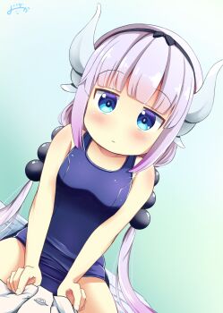  1girl beads blue_eyes blunt_bangs blush child dragon_girl dragon_horns dutch_angle hair_beads hair_ornament hairband highres horns inakami jitome kanna_kamui kobayashi-san_chi_no_maidragon light_purple_hair long_hair school_swimsuit sphere_hair_ornament straddling swimsuit twintails  rating:Sensitive score:42 user:danbooru