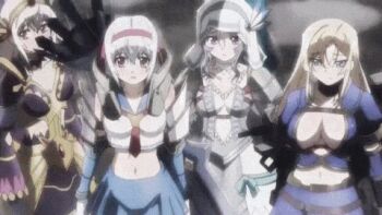  4girls animated animated_gif blonde_hair breasts cleavage dragon long_hair lowres monster_hunter_(series) monster_hunter_mezeporta_kaitaku-ki multiple_girls rain silver_hair 