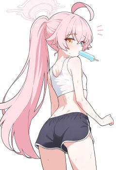 1girl absurdres ahoge bare_shoulders black_shorts blue_archive blue_eyes blush crop_top dolphin_shorts flat_chest food food_in_mouth from_behind hair_between_eyes halo heterochromia highres hoshino_(blue_archive) loli long_hair looking_at_viewer looking_back melting midriff pink_hair pink_halo ponytail popsicle popsicle_in_mouth saho_4545 short_shorts shorts simple_background solo sweat tank_top very_long_hair white_background white_tank_top yellow_eyes rating:Sensitive score:69 user:danbooru