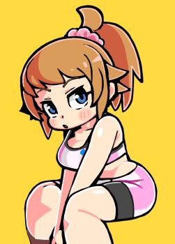  1girl :o bike_shorts bkub blue_eyes blush_stickers breasts brown_hair collarbone feet_out_of_frame gundam gundam_build_fighters gundam_build_fighters_try hair_ornament hair_scrunchie highres hoshino_fumina looking_at_viewer medium_breasts open_mouth pink_scrunchie pink_shorts pink_sports_bra ponytail scrunchie short_hair shorts simple_background sitting solo sports_bra yellow_background 