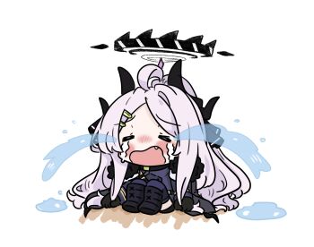 1girl =_= ahoge black_boots black_gloves black_halo black_horns black_wings blue_archive boots chibi chibi_only closed_eyes commentary_request crying demon_girl demon_horns demon_wings e_v_e_neko fang frieren's_three-day_tantrum gloves grey_hair halo highres hina_(blue_archive) horns long_hair open_mouth sitting solo streaming_tears tears wings