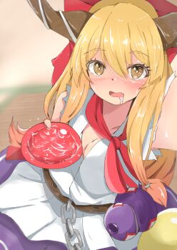  1girl alternate_breast_size_(larger) alternate_hair_color arm_up ball bandana bandana_around_neck belt blonde_hair blush bow breasts brown_belt brown_eyes chain cleavage commentary_request cup double-parted_bangs drooling exercising fang full_body gourd hair_between_eyes hair_bow hand_up heart heart_in_eye highres horns ibuki_suika looking_at_viewer medium_breasts mizune_(winter) nose_blush one_arm_push-ups open_mouth purple_skirt push-ups red_bandana red_bow sakazuki shirt sitting skin_fang skirt solo sparkle symbol_in_eye torn_clothes torn_shirt touhou white_shirt 