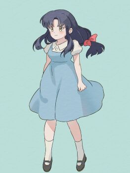  1girl black_shoes blue_dress blue_hair closed_mouth commentary dress frown full_body highres long_hair puffy_short_sleeves puffy_sleeves ranma_1/2 shoes short_sleeves solo tendou_akane tokito_rk v-shaped_eyebrows yellow_eyes 