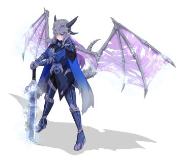  1girl armor blue_cape blue_eyes breastplate cape commission cuisses dragon_horns dragon_tail dragon_wings faulds full_armor full_body gauntlets greaves hashtag-only_commentary highres holding holding_sword holding_weapon horns long_hair oppaihobby original pauldrons pointy_ears purple_hair sabaton shadow shoulder_armor simple_background skeletal_tail skeletal_wings skull solo standing sword tail weapon white_background wings 