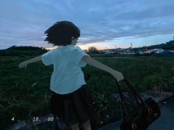  1girl bag black_bag black_hair black_skirt dawn facing_away film_grain from_behind grass handbag holding holding_bag morning original outdoors outstretched_arms photo_background shirt short_sleeves skirt solo spread_arms utwob0 vhs_artifacts white_shirt 
