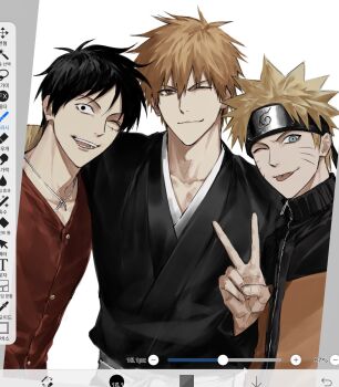  3boys art_program_in_frame black_eyes black_hair black_headband black_jacket black_kimono bleach blonde_hair blue_eyes brown_eyes closed_mouth hair_between_eyes hat hat_on_back headband highres jacket japanese_clothes kimono konohagakure_symbol kurosaki_ichigo male_focus monkey_d._luffy multicolored_jacket multiple_boys naruto_(series) naruto_shippuuden one_eye_closed one_piece open_mouth orange_hair orange_jacket red_vest shihakusho short_hair smile spiked_hair sso_s stitched_face stitches straw_hat tongue tongue_out two-tone_jacket upper_body uzumaki_naruto v vest white_background 