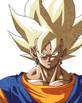  1boy blue_shirt commentary_request dougi dragon_ball dragonball_z earrings highres jewelry medium_hair muma_maximum76 orange_shirt potara_earrings shirt simple_background smirk spiked_hair super_saiyan super_saiyan_1 upper_body vegetto white_background 