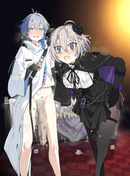  1boy 1girl aftersex antenna_hair arms_at_sides belt bent_over black_belt black_bridal_gauntlets black_capelet black_flower black_gloves black_rose black_skirt blue_eyes blue_hair blush bottomless bridal_gauntlets bright_pupils buckle capelet caught censored chaos_zero_nightmare chest_belt coat collar collared_coat condom cum cum_on_bed cum_on_floor dressing embarrassed eyelashes flower girthy_penis glint gloves hair_between_eyes hair_flower hair_intakes hair_ornament hand_under_clothes hand_under_skirt hand_up heart hetero high_collar highres indoors large_penis lipstick_mark lipstick_mark_on_cheek lipstick_mark_on_face lipstick_mark_on_leg lipstick_mark_on_lips lipstick_mark_on_mouth lipstick_mark_on_penis long_sleeves looking_at_viewer makeup mosaic_censoring navel nervous_smile owen_(chaos_zero_nightmare) penis pleated_skirt purple_capelet purple_sleeves pussy_juice pussy_juice_drip_through_clothes renoa_(chaos_zero_nightmare) rose runny_makeup saliva saliva_trail scratches shirt sidelighting skirt smile standing steaming_body sweatdrop teeth thigh_strap two-sided_capelet two-sided_sleeves ukavonnak underbust undershirt upper_teeth_only used_condom wet wet_clothes white_coat white_collar white_hair white_pupils white_shirt white_sleeves wide-eyed wide_sleeves 