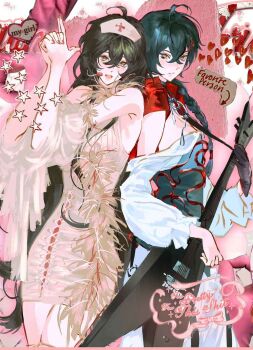  2girls ahoge black_gloves black_hair braid dress electric_guitar gloves guitar hair_ornament hat heart highres holding holding_instrument holding_plectrum instrument long_hair long_sleeves looking_at_viewer multiple_girls non-web_source nurse nurse_cap off_shoulder open_mouth original own_hands_together pink_dress plectrum pulppunk001 shawl short_dress single_braid smile very_long_hair white_dress x_hair_ornament yellow_eyes 