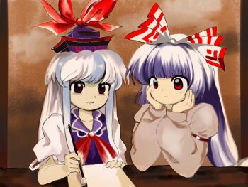 2girls blue_dress blue_hair blue_hat bow brown_shirt dress fujiwara_no_mokou grey_hair hair_bow hands_on_own_face hat highres holding holding_pencil kamishirasawa_keine long_hair multicolored_hair multiple_girls neckerchief paper pencil puffy_sleeves red_eyes red_neckerchief seiryo0425 shirt sleeve_belt touhou white_bow white_hair writing