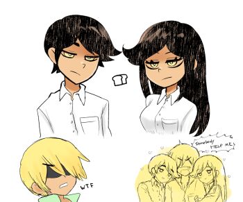  2boys blush bowen_(omori) brother_and_sister brown_hair daphne_(omori) dark_skin long_hair multiple_boys omori pokoponpen shirt short_hair siblings 