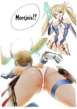  1girl absurdres ass bare_shoulders beatrix_vivi blonde_hair blue_eyes bradamante_(fate) breasts commentary commentary_request covered_navel elbow_gloves english_commentary fate/grand_order fate_(series) french_text gloves highres holding holding_weapon leotard long_hair mixed-language_commentary multicolored_leotard multiple_views partially_visible_vulva small_breasts thighs twintails two-tone_leotard very_long_hair weapon white_gloves 