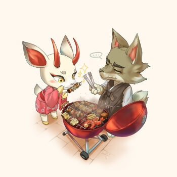  ... 1boy 1girl animal_crossing commentary_request cooking deer_girl dobie_(animal_crossing) food furry furry_female furry_male grill grilling highres hoishere7 holding holding_skewer holding_tongs japanese_clothes kimono nintendo old old_man pink_kimono shino_(animal_crossing) shish_kebab skewer spoken_ellipsis tongs wolf_boy yellow_eyes 