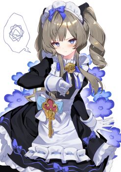  1girl :t absurdres apron black_dress blue_bow blue_eyes blue_flower bow brown_hair closed_mouth commentary_request dress drill_hair floral_background flower genshin_impact gloves hair_bow highres juliet_sleeves key long_sleeves looking_at_viewer maid maid_headdress nyori pout puffy_sleeves ribbon-trimmed_apron ribbon_trim sandrone_(genshin_impact) simple_background solo spoken_squiggle squiggle twin_drills twintails white_apron white_background white_gloves 
