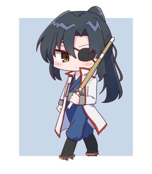  1girl black_hair black_socks blue_background blue_kimono blush border brown_eyes chibi closed_mouth coat commentary_request eyepatch full_body geta gintama highres holding holding_sword holding_weapon jacket japanese_clothes kimono long_hair long_sleeves looking_at_viewer one_eye_covered open_clothes outside_border parted_bangs ponytail shinai sidelocks simple_background socks solo sword two-tone_background vanedra_zip walking weapon white_border white_coat yagyuu_kyuubei 