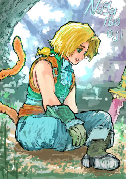  1boy absurdres artist_name bare_shoulders belt blonde_hair blue_pants boots brown_belt cat_tail final_fantasy final_fantasy_ix full_body gloves green_eyes green_vest green_wrist_cuffs grey_boots grey_gloves hair_tie highres indian_style low_ponytail male_focus naga160oji neck_ribbon open_mouth pants parted_bangs ponytail ribbon shirt sitting sketch smile solo tail tree under_tree vest white_shirt wrist_cuffs zidane_tribal 