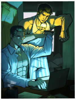  2boys abs ashtray bara boxers character_request commentary_request computer dark_room date_makoto eomul_geon15848 expressionless glasses hair_slicked_back highres korean_commentary laptop leaning_to_the_side male_focus male_underwear mature_male multiple_boys muscular muscular_male open_clothes open_shirt ryuu_ga_gotoku_(series) ryuu_ga_gotoku_1 screen_light short_hair sideburns sitting smoking sparse_arm_hair sparse_leg_hair tank_top thick_eyebrows unamused underwear white_tank_top yakuza 