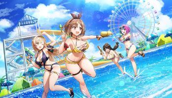  4girls :d :o aiming arm_up atelier_(series) atelier_ryza bent_over bikini black_hair black_hairband black_one-piece_swimsuit blonde_hair bob_cut braid breasts brown_bikini brown_eyes brown_hair cleavage cross-laced_bikini cross-laced_clothes diagonal_bangs dolphin_wave eyewear_on_head ferris_wheel frilled_bikini frills game_cg green_hair groin hairband half_up_braid helly_lewis highres holding holding_water_gun klaudia_valentz large_breasts layered_bikini leaning_forward long_hair looking_at_another low-tied_long_hair medium_breasts mole mole_on_breast mole_under_mouth multicolored_bikini multicolored_hair multiple_girls navel non-web_source official_art one-piece_swimsuit one_eye_closed ootomo_takuji open_mouth pink_hair ponytail pool reisalin_stout sandals self-datamine short_hair skindentation smile split-color_hair standing strapless strapless_bikini sunglasses swimsuit thigh_strap tripping two-tone_hair wading_pool water water_gun water_slide waterpark yamaba_yume yellow_bikini 