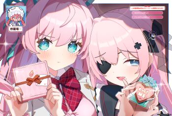  3girls :3 :t anis_bennett aqua_eyes aqua_ribbon artist_name black_bow black_ribbon black_sailor_collar blazer blue_eyes blue_ribbon blush bow bowtie box brown_ribbon candy cardigan chocolate chocolate_heart choker collar commentary_request cross_hair_ornament dialogue_box dialogue_options eyebrows_hidden_by_hair eyepatch food frilled_collar frills gift gift_bag gift_box hair_bow hair_ornament hair_ribbon half-closed_eye hand_to_own_mouth heart heart-shaped_food highres holding holding_gift incoming_gift jacket letter long_hair looking_at_viewer love_letter love_triangle momozono_meru multiple_girls muv-luv muv-luv_girls_garden open_mouth pico_(muv-luv_girls_garden) pink_cardigan pink_hair plaid_bow plaid_bowtie plaid_clothes pointy_nose portrait qiri_maru raised_inner_eyebrows rectangular_mouth red_bow red_bowtie ribbon ribbon_choker sailor_collar speech_bubble teeth translation_request twintails two_side_up upper_teeth_only v-shaped_eyebrows valentine watermark white_jacket 