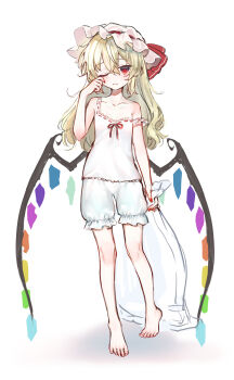  1girl absurdres alternate_costume alternate_hair_length alternate_hairstyle aorin_oekaki bare_arms bare_legs bare_shoulders barefoot blonde_hair bloomers camisole closed_mouth collarbone commentary_request crystal crystal_wings fang fang_out flandre_scarlet flat_chest full_body hair_between_eyes hat highres long_hair loose_hair_strand mob_cap multicolored_wings one_eye_closed red_eyes red_nails red_ribbon ribbon ribbon-trimmed_headwear ribbon-trimmed_underwear ribbon_trim simple_background skin_fang sleepy solo standing touhou undershirt underwear white_background white_bloomers white_camisole white_hat wings 