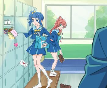  1other 2girls bag black_shoes blue_eyes blue_hair blue_jacket blue_sailor_collar blue_skirt bobby_socks bow bowtie carrying commentary cut_bangs frown getabako green_eyes hair_bow hair_bun hair_ribbon haruru_(dontacocon) heart heel_up highres hirogaru_sky!_precure holding holding_shoes holding_unworn_clothes indoors jacket leaning_forward letter locker long_hair long_sleeves love_letter mary_janes medium_hair miniskirt multiple_girls nijigaoka_mashiro open_mouth opening pink_hair pleated_skirt precure protected_link ribbon sailor_collar school_bag school_uniform shoes side_ponytail single_hair_bun single_sidelock skirt socks sora_harewataru sorashido_academy_school_uniform standing symbol-only_commentary unworn_shoes uwabaki white_ribbon white_socks window yellow_bow yellow_bowtie 