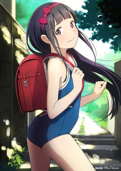  1girl ass backpack bag black_hair blue_one-piece_swimsuit blush brown_eyes dappled_sunlight day flat_chest hairband hiyori_mizuki long_hair looking_at_viewer one-piece_swimsuit original outdoors randoseru red_bag red_hairband school_swimsuit smile solo sunlight swimsuit  rating:Sensitive score:34 user:danbooru