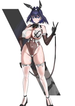  1girl absurdres animal_ear_hairband animal_ears bare_shoulders bay_(nikke) bay_(nikke)_(cosplay) bay_(radiant_rabbit)_(nikke) black_hair black_wrist_cuffs blue_eyes blue_hair bow breast_curtain_lift breast_curtains breasts cleavage commentary cosplay daaku_(koizumi_arata) english_commentary fake_animal_ears gloves goddess_of_victory:_nikke gradient_hiphighs hair_intakes hairband highres hololive hololive_english large_breasts leotard looking_at_viewer mismatched_pasties official_alternate_costume ouro_kronii playboy_bunny playboy_bunny_vest rabbit_ear_hairband rabbit_ears see-through_clothes see-through_leotard see-through_thighhighs short_hair shrug_(clothing) side-tie_leotard sleeveless_shrug solo spade_pasties sticker sticker_on_face thighhighs virtual_youtuber wrist_cuffs 