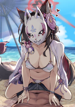  1boy 1girl animal_ear_fluff animal_ears bar_censor bead_bracelet beads bikini bikini_top_lift black_hair blue_archive bracelet breasts bulge censored clothes_lift covered_face cowgirl_position female_pubic_hair flower fox_ears fox_girl fox_mask fox_tail girl_on_top grinding_over_clothes hair_flower hair_ornament halo heart hetero highres huge_breasts jewelry long_hair mask nipples penis pov pubic_hair pussy pussyjob sex solo_focus speech_bubble spoken_heart squatting_cowgirl_position straddling swimsuit tagme tail teasing vaginal wakamo_(blue_archive) wakamo_(swimsuit)_(blue_archive) 