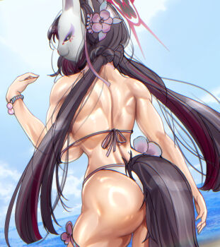  1girl ass bare_shoulders bikini black_hair blue_archive blue_sky bracelet breasts commentary_request flower fox_girl fox_tail from_behind hair_flower hair_ornament halo highres huge_ass jewelry koucha_indian large_breasts long_hair mask mask_on_head multicolored_hair muscular muscular_female outdoors red_hair red_halo ribbon sky swimsuit tail wakamo_(blue_archive) 