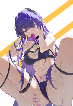  1girl absurdres acheron_(honkai:_star_rail) bare_arms bare_shoulders bikini black_bikini blhazx breasts cleavage commentary_request condom condom_wrapper hair_ornament hair_over_one_eye highres honkai:_star_rail honkai_(series) long_hair looking_at_viewer medium_breasts mouth_hold navel pubic_tattoo purple_eyes purple_hair revision simple_background solo squatting stomach swimsuit tattoo thigh_strap thighs very_long_hair white_background  rating:Sensitive score:28 user:danbooru