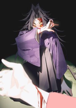  1boy 1other black_hair blood colored_sclera commentary_request extra_eyes highres japanese_clothes kimetsu_no_yaiba kimono kokushibou long_hair long_sleeves looking_at_viewer male_focus red_sclera sal_gun sitting solo_focus wide_sleeves yellow_eyes 