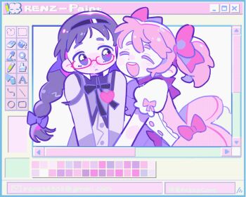  animated animated_gif artist_name black_hairband blush bow bowtie braid character_request choker closed_eyes closed_mouth dot_nose dress glasses hair_between_eyes hair_bow hairband happy highres kaname_madoka long_hair long_sleeves looking_at_another mahou_shoujo_madoka_magica open_mouth pink_bow pink_dress pink_hair puffy_short_sleeves puffy_sleeves purple_eyes purple_hair renzhi00334233 short_sleeves teeth twintails upper_body upper_teeth_only 